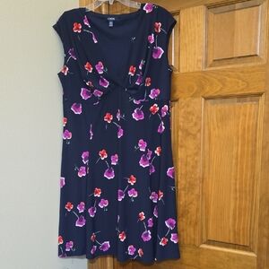 Chaps Navy Dress with Red and Purple Floral Design
